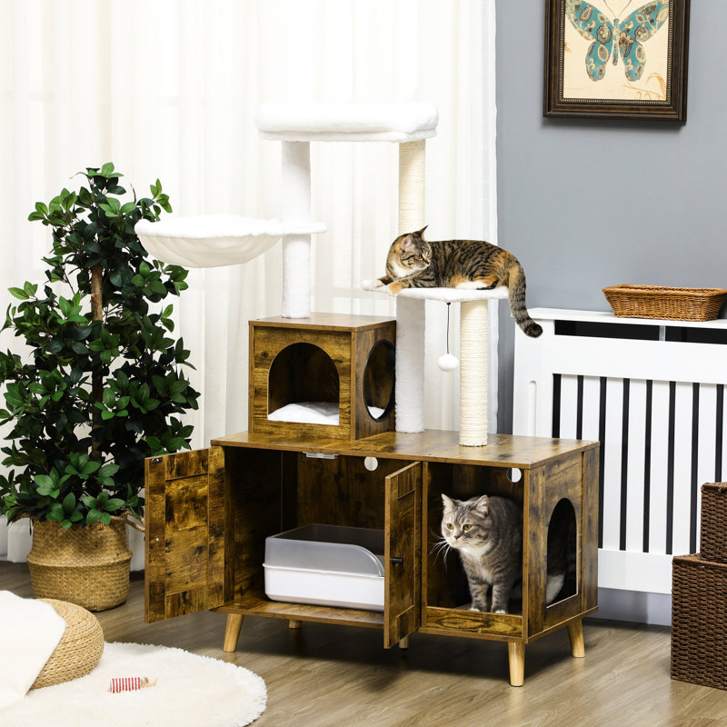 Tour pour litière 21 chats, brun rustique avec coussin moelleux et poteaux à griffer pour un arbre à félin pouvant accueillir jusqu'à 12 lb, avec Happy Play