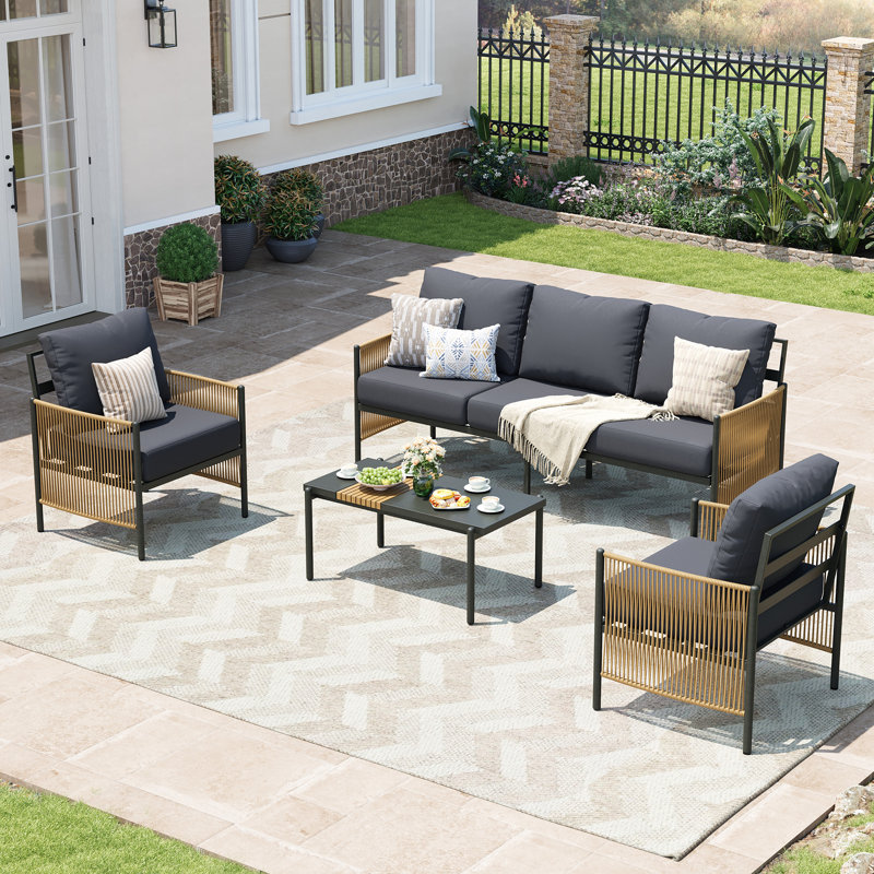 Outdoor Patio Furniture Set, 4 Piece Patio Conversation Sets with Coffee Table, HDPE Rope & Aluminum Armrests, Outdoor Conversation Sets with Thick Cushions for Deck, Backyard, Graphite Grey