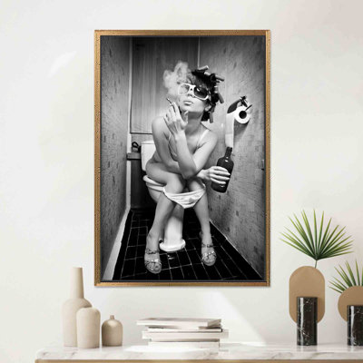 Elegant Drinking Woman in Toilet Printed Canvas Wall Art,1P GoldFramedCanvas