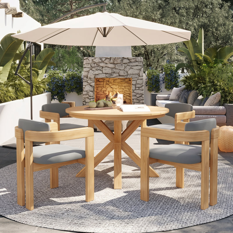 Ensemble de salle à manger d'extérieur en bois d'acacia pour 4 personnes avec fauteuils coussinés et table à lattes ronde