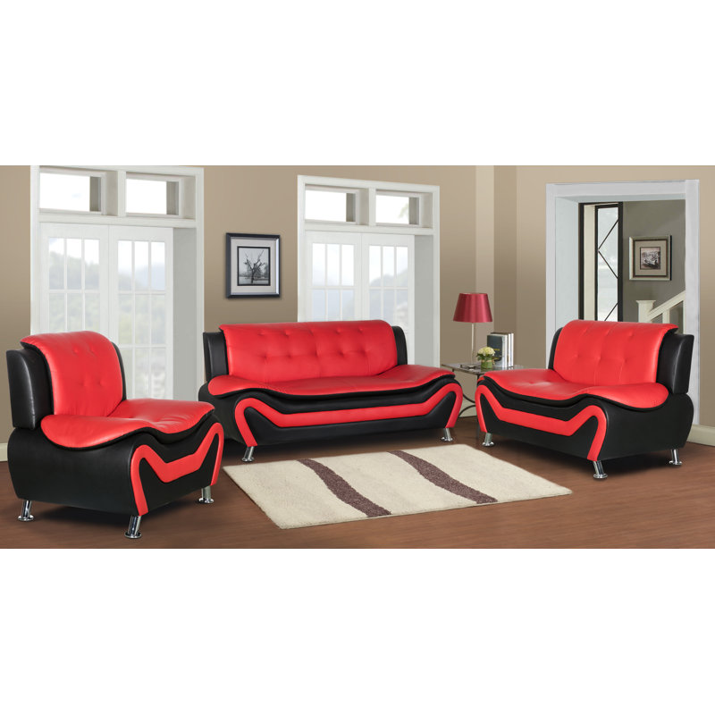 Ensemble de salon en faux cuir Monténégro, Simili cuir noir / rouge
