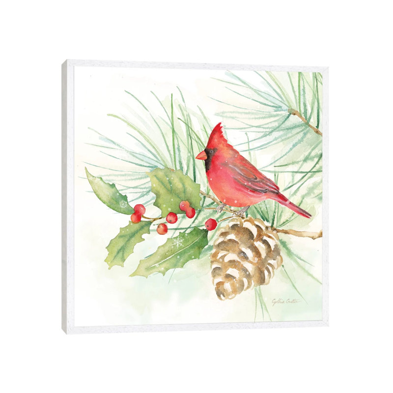 Winter Birds - Cardinal by Cynthia Coulter - Painting on Canvas, 66.04 cm H x 66.04 cm W, White Framed
