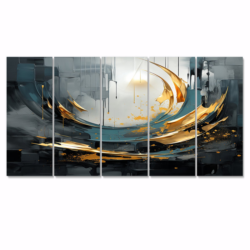 5 lumières dorées dorées sur Nuevo Blue I - Vagues modernes abstraites, H 32 po x l 80 po