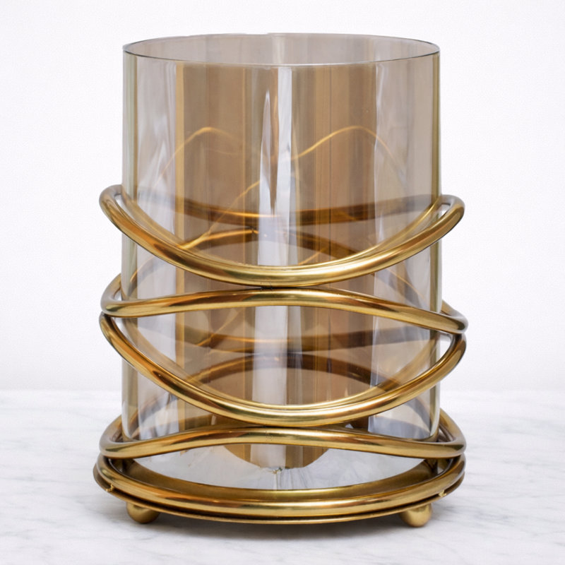 Glass Tealight Candle Lantern with Gold Swirl Metal Frame for Elegant Christmas Decor and Tabletop Display, Small
