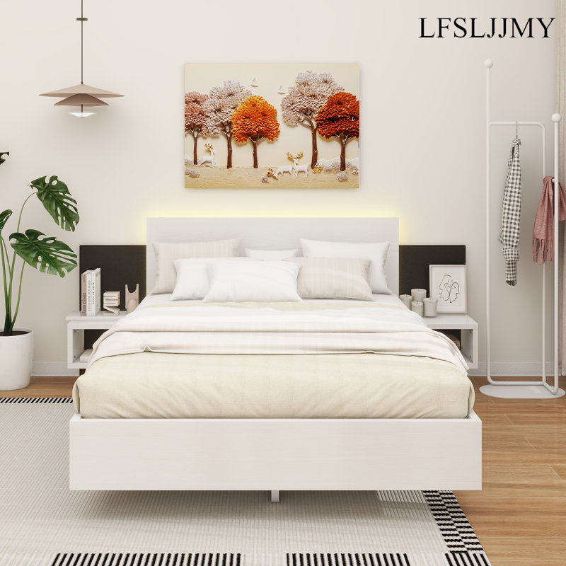 Lit plateforme flottant en bois avec lumières DEL et table de chevet, Blanc, Grand lit