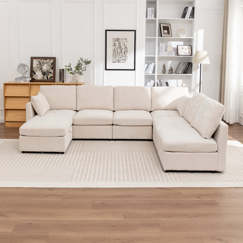 Canapé modulaire rembourré en U avec repose-pieds de rangement 7 pièces Miller, Beige
