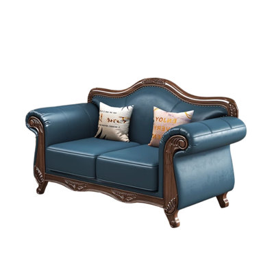 American Country Retro Wood Leather Sofa 64.9'' Leather Loveseat