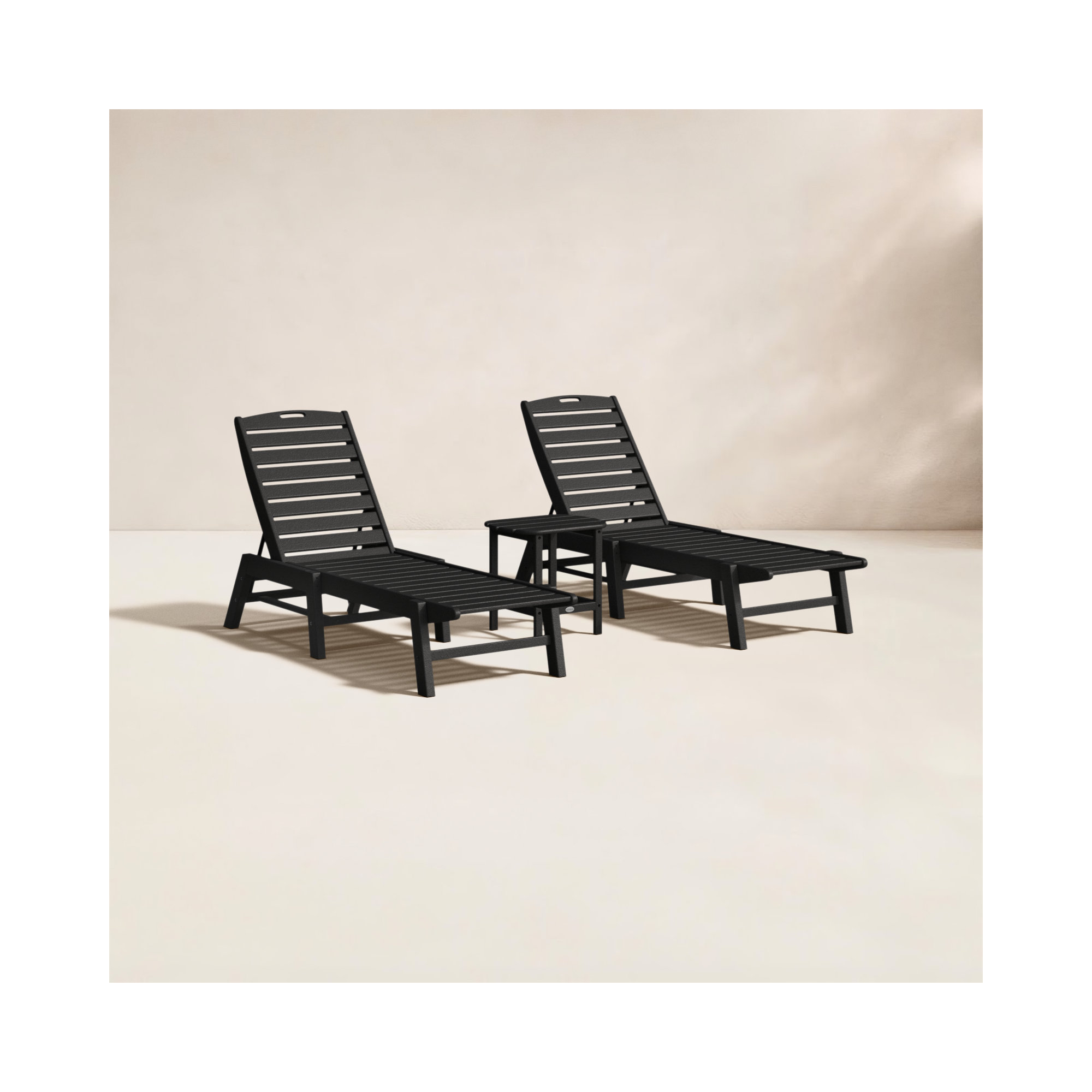 Nautical 3-Piece Chaise Lounge Set with South Beach 18" Side Table, Black