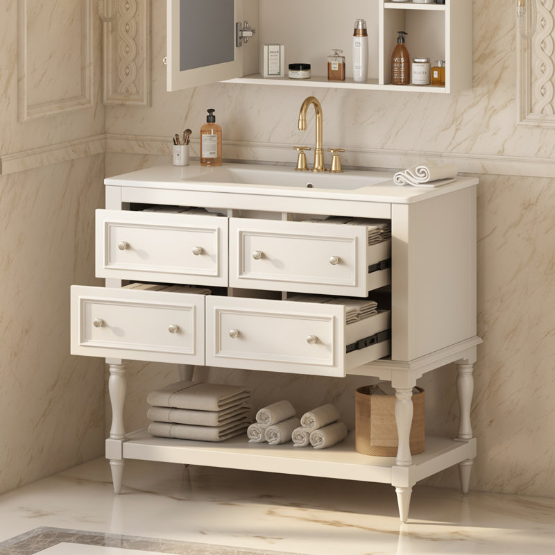 Meuble-lavabo 36 po - Beige. Bois massif, conception à 4 tiroirs. Lavabo en céramique. Rangement élégant avec structure en bois, corps. Tiroirs. Bassin. Moderne