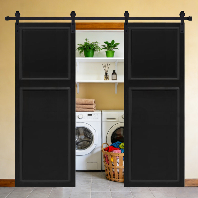 Double 2 panneaux modernes de 96 po x 64 po Porte de grange coulissante en bois de noyer noir avec ensemble de quincaillerie