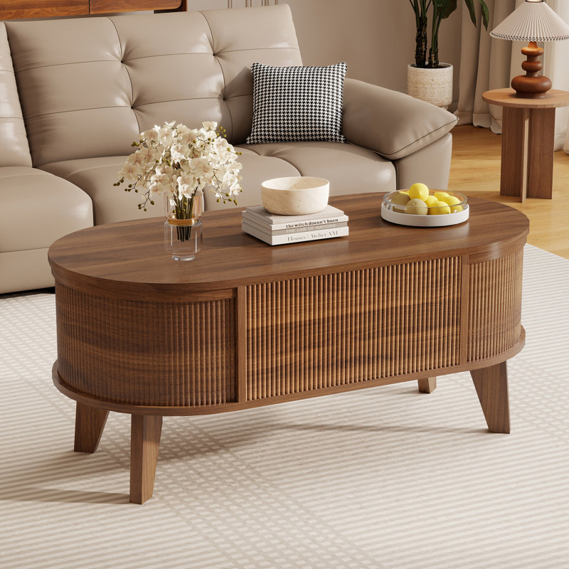 Table basse à plateau relevable avec rangement Lyra, table basse ovale en bois moderne, table basse en noyer pour le salon, l 38,6 po x P 18,9 po x H 18,5 po