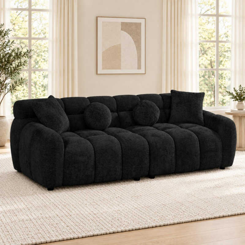 87.3" Plush Bubble Tufted Sofa for Living Room, Black Polyester