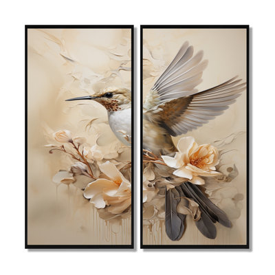 «Fluttering Floral Hummingbird - Hummingbird Wall Art, Beige Animals», ensemble de 2 impressions sur toile