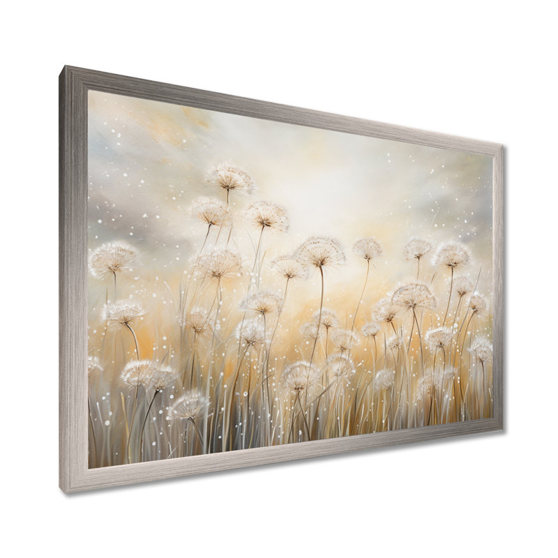 Pissenlit champ brise - art mural champ de fleurs, Cadre photo unique, H 16 po x l 32 po, Argent argent