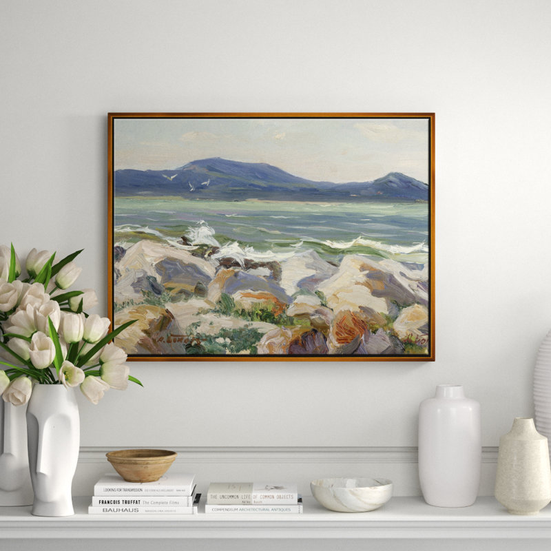 Paysage marin, peinture sur toile encadrée, Or