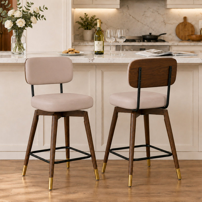 Tabouret de comptoir pivotant de 26 po avec siège en similicuir et pieds en bois, Kaki
