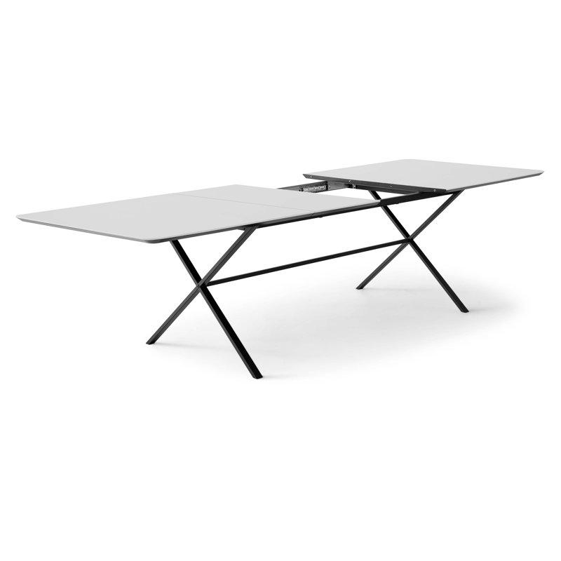 Meza Rounded Extendable Dining Table with Cross Metal Legs, White, 73.2cm H x 245cm L x 90cm W