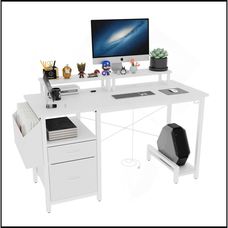 Office Desk With Power Outlet,2 Monitor Stands,2 Drawers,Side Pocket,Easy To Assemble,Frame Stability Reversible,Use For Home Desk, Computer Desk, Game Table