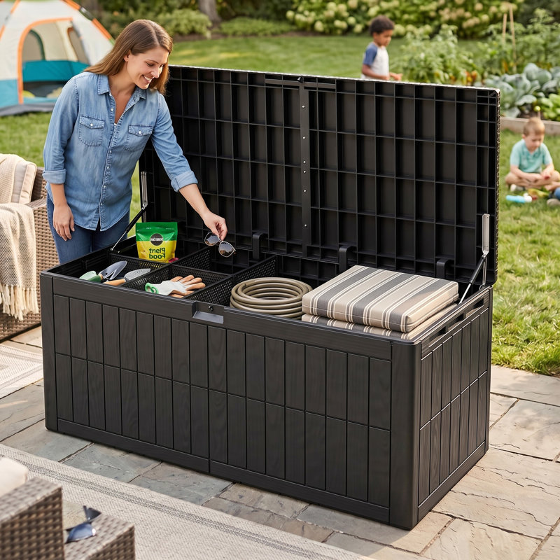 220 Gal Waterproof Outdoor Storage Box, Resin Deck Box Lockable, Patio Furniture Garden Tool, Black, 220 Gal Capacity