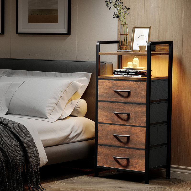 4 Drawer 36'' Tall Nightstand with Charging Station & LED Light Strip, Brown