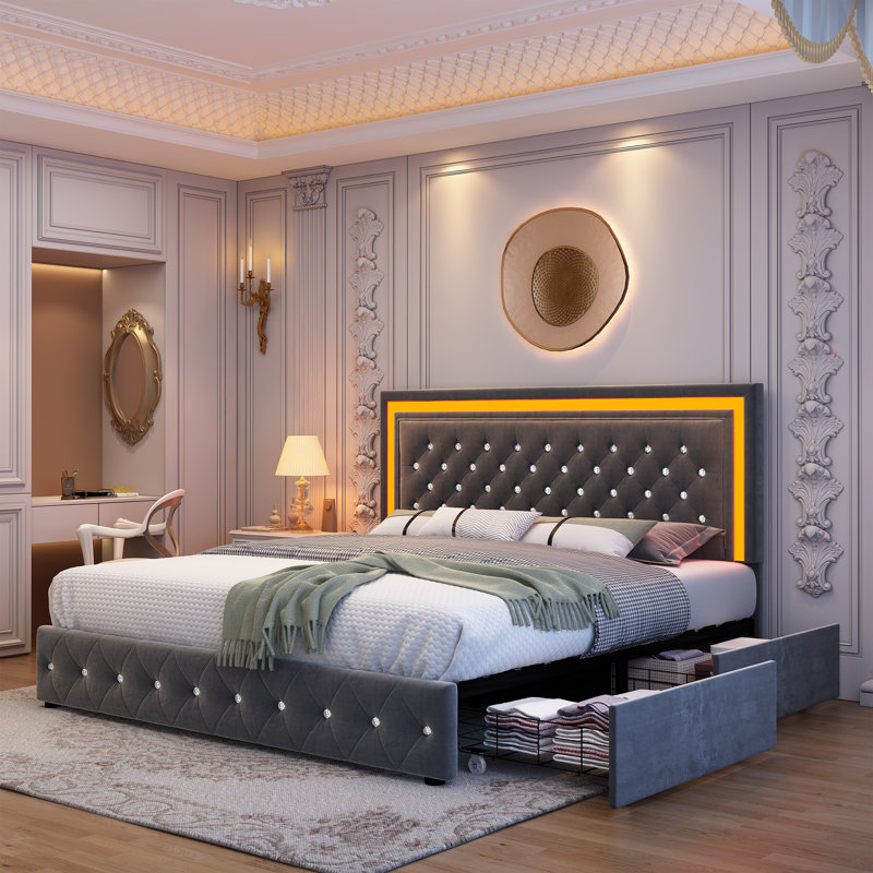 Modern Upholstered Platform Bed With 4 Storage Drawers and Led Lights, Metal Bed Frame with  Adjustable Headboard, Easy to Assembly, No Box Spring Needed,