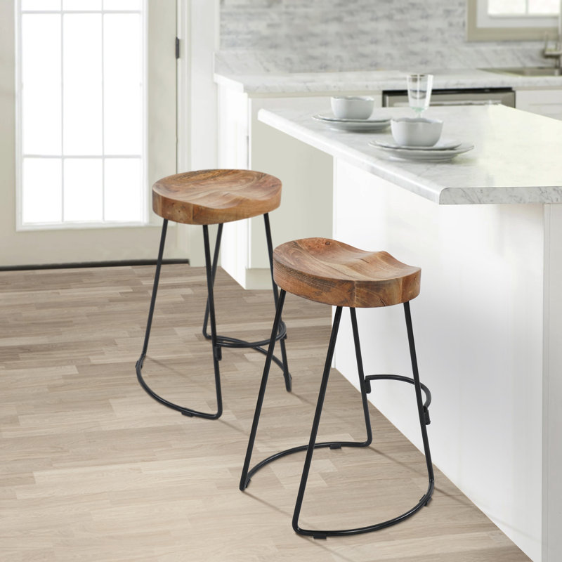 24 Inch Mango Wood Industrial Counter Height Stool, Saddle Seat, Iron, Set of 2, Brown, Black, 2