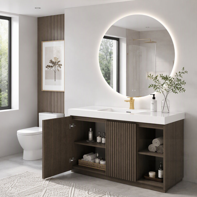 Meuble-lavabo de salle de bain avec lavabo, grand meuble-lavabo autoportant pour salle de bain moderne, lavabo une pièce blanc sans bonde ni robinet