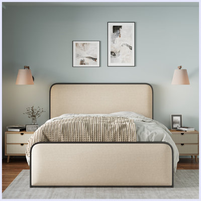 Modern Metal Bed Frame with Curved Upholstered Headboard and Footboard Bed with Under Bed Storage