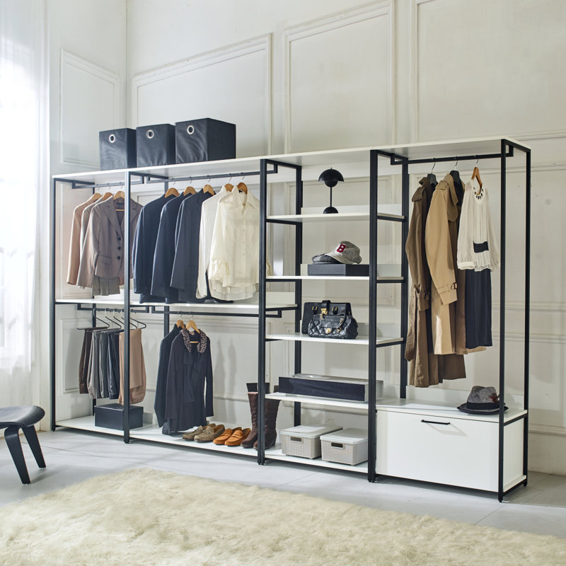 Système de placard en bois polyvalent avec structure en métal robuste, Noir, L 143,08 po x P 17,38 po