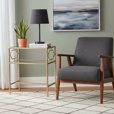 Rectangular Antique Gold Metal And Glass Accent Table With Two-Tier Tempered Glass Shelves For Elegant And Functional Decor