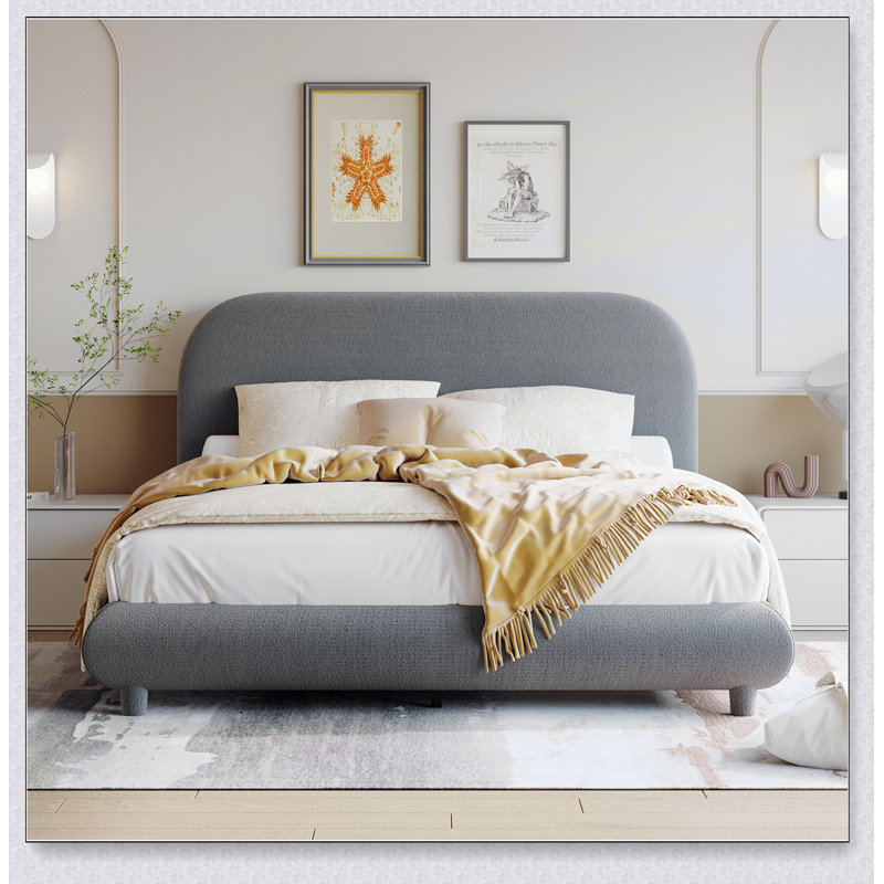 Lit plateforme tapissier avec tissu épais, structure solide et design courbé élégant, Gris, Double