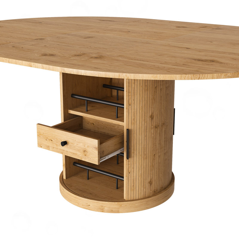 Table de salle à manger extensible ovale avec rangement à 2 niveaux, Chêne
