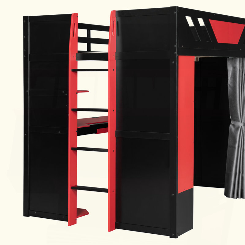 Lit mezzanine en bois avec tablettes, rideaux occultants et lumières RVB, Noir / Rouge