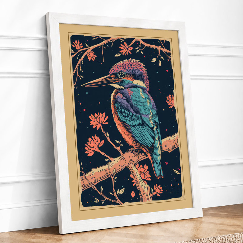 Kingfisher on Branch Botanical - Framed Print, A4 - 29.7 x 21.0 cm, White