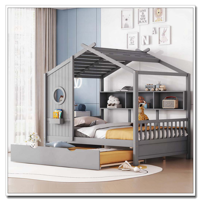 Lit maison avec lit gigogne, Gris, Lit double