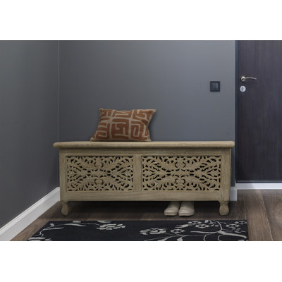 Sed98 46" Antique White Solid Carved Wood Scroll Bench with Flip Top by sed98