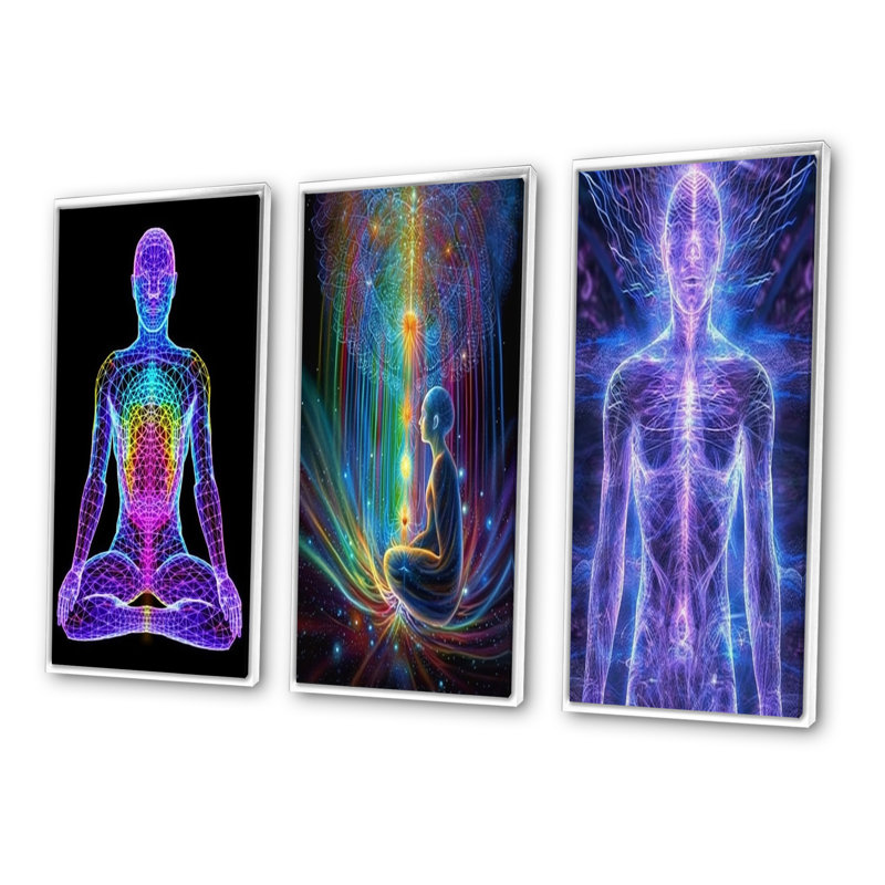 «Neon Meditation», 3 pièces sur toile, Cadre blanc, H 36 po x l 28 po
