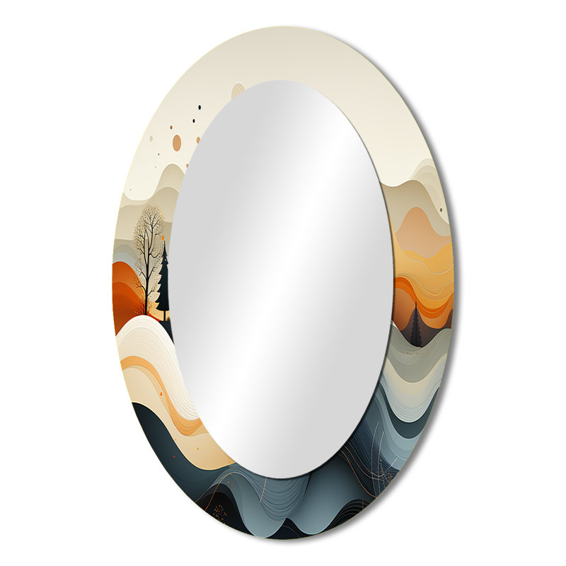 Dessin au trait orange sarcelle - miroir décoratif ovale abstrait sur métal, 36 po x 24 po