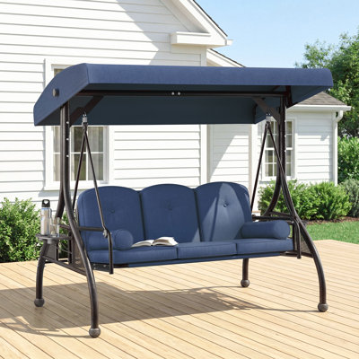 3 Seat Outdoor Porch Swing with Adjustable Canopy & Stand, 2-in-1 Convertible Swing Bed, Patio Swing Chair with Upgraded Cup Holder, Thicken Cushions ＆ Pillows for Backyard(Navy Blue, 800 lbs)