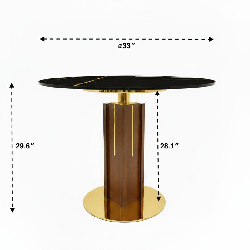 33" Luxe Round Dining Table with Multi-Layer Walnut Pedestal and Brushed Gold Base — Available in Glass, Marble, Warm Marble, and Black Marble Tops