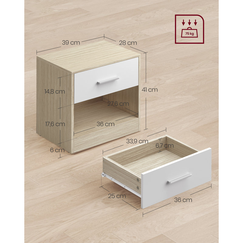 Meraya 39cm W Particle Board / Chipboard Bedside Table, Natural Beige/Classic White