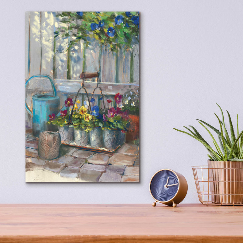 «Pansies In Wire Basket» par Carol Rowan, H 16 po x l 12 po x P 0,13 po