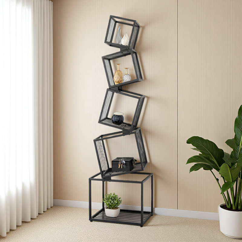 5-Tier Metal Geometric Bookshelf-Modernnarrow Floor Bookcase, Space-Savingorganizer For Living Room