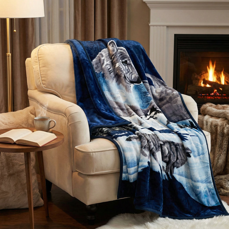 Couverture de loup Lavish Home - 74 x 91 pouces imprimé loup d'hiver