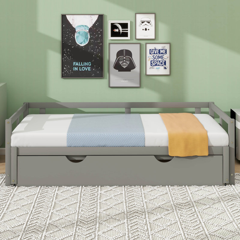 Twin Size Wooden Daybed With Sliding Trundle, Gray