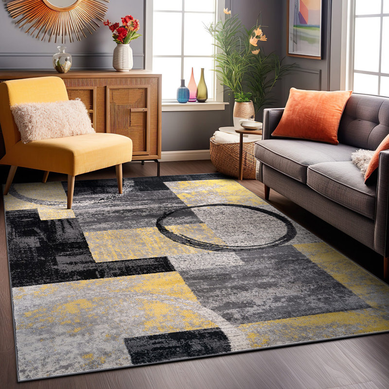 Tapis jaune / noir / gris en polypropylène tissé à la machine Bionda, Rectangle 7 pi 10 po x 10 pi 2 po