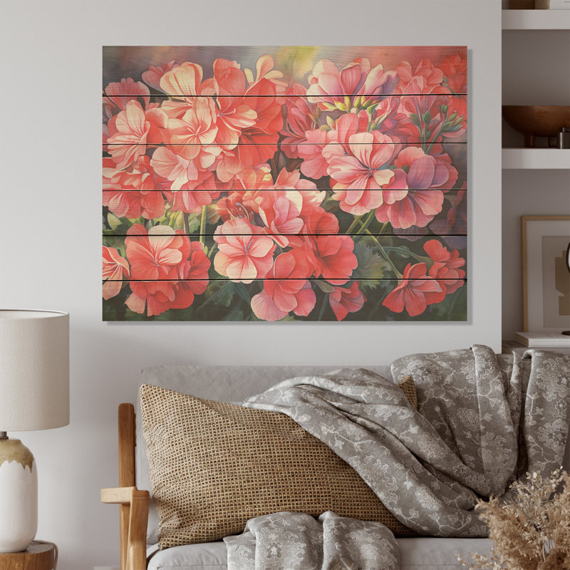 «Geraniums Sunset Blooming - Geraniums», art mural sur bois de pin naturel, H 10 po x l 20 po