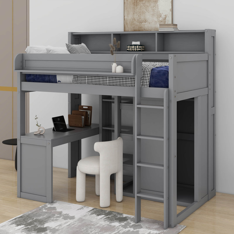 Lit mezzanine en bois avec tablettes et garde-robe, gris