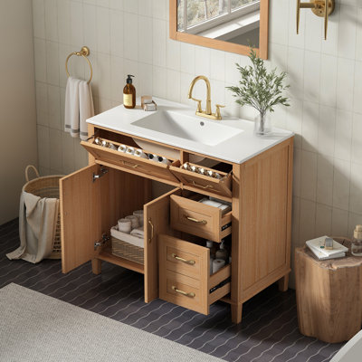 [Video] 36" Bathroom Vanity With Ceramic Sink, Modern Natural Wood Grain Vanity, Solid Rubberwood Legs, Soft-Close Double Doors & 4 Drawers, Natural Wood Color