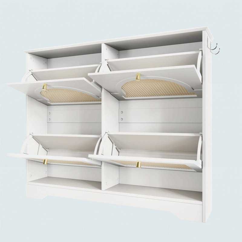 Mid-Century Narrow Design Tipping Bucket Shoe Cabinet With 4 Flip Drawers, Elegant Entryway Shoe Organizer With 4 Rattan Doors, Freestanding Shoe Rack With 2 Silvery Hooks For Hallway